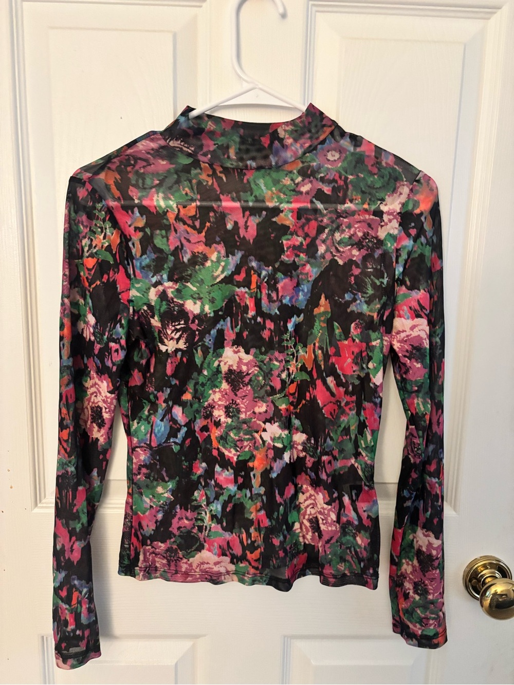 SHEIN Floral Abstract Mock Neck Long Sleeve Top - Black, Pink, Green